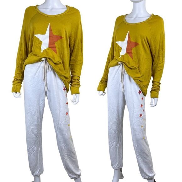 Sundry Women Size M Yellow White Stars Pullon Sweatpant Crew Neck Top Set Lounge - Picture 1 of 15